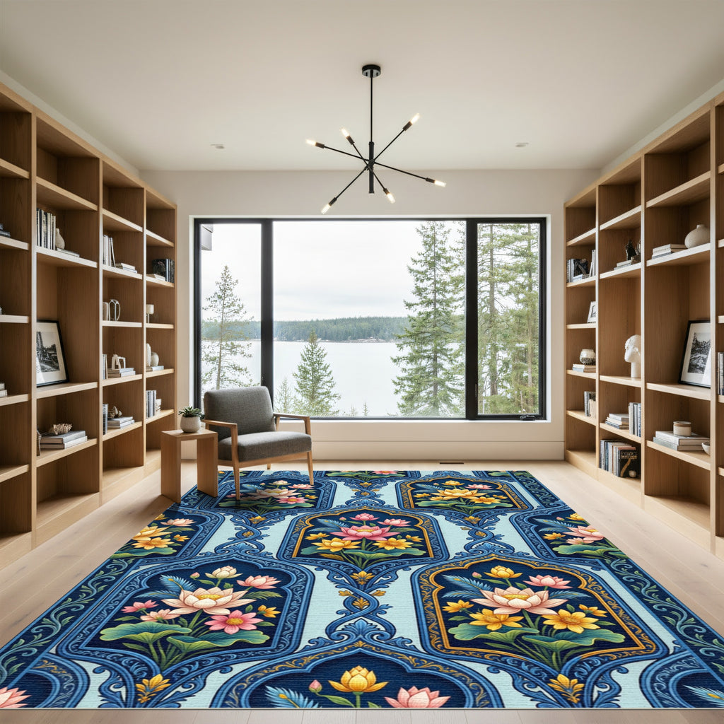 Blue Lattice Lotus Garden Rug