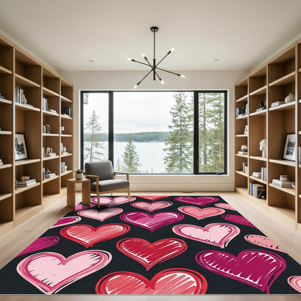 Pink Red Hearts Sketched All Over Rug