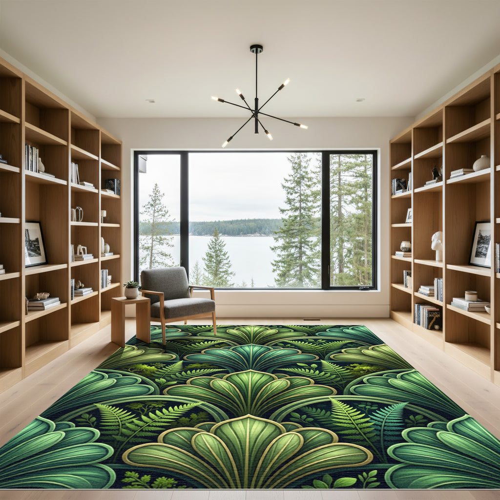 Lush Green Fern Fan Art Nouveau Rug