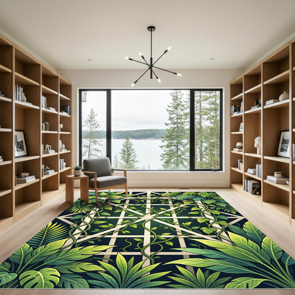 Lush Green Tropical Foliage Trellis Rug