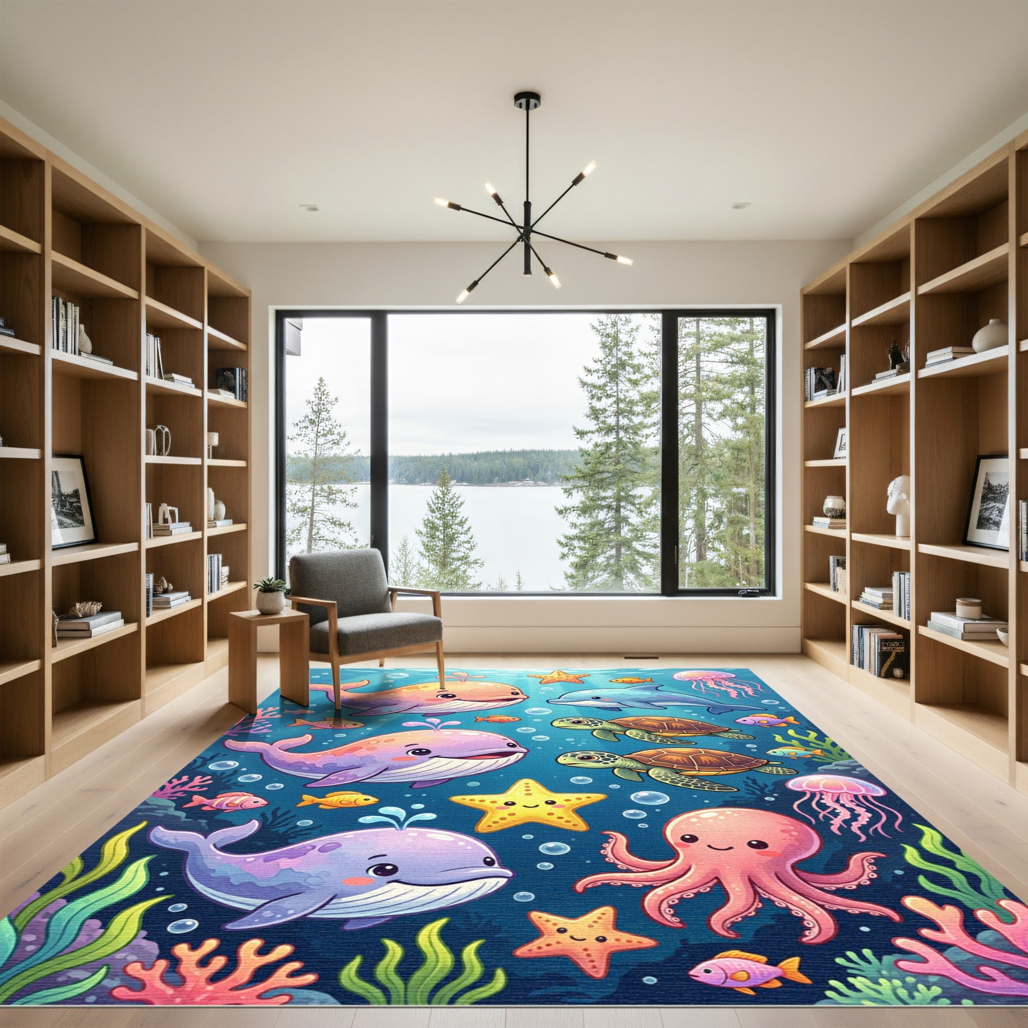 Colorful Whimsical Undersea Creatures Ocean Scene Rug