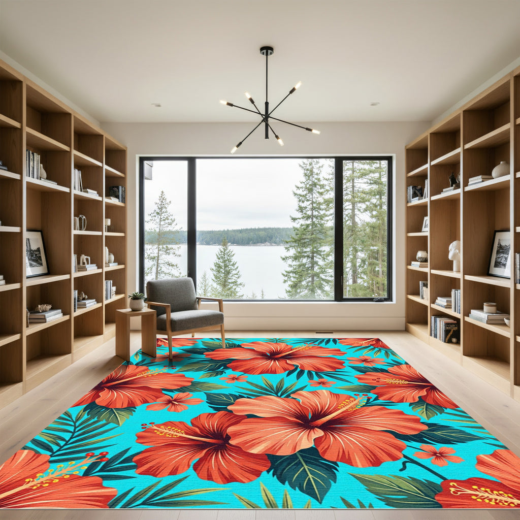 Coral Hibiscus Tropical Leaf Floral Rug
