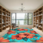 Coral Hibiscus Tropical Leaf Floral Rug