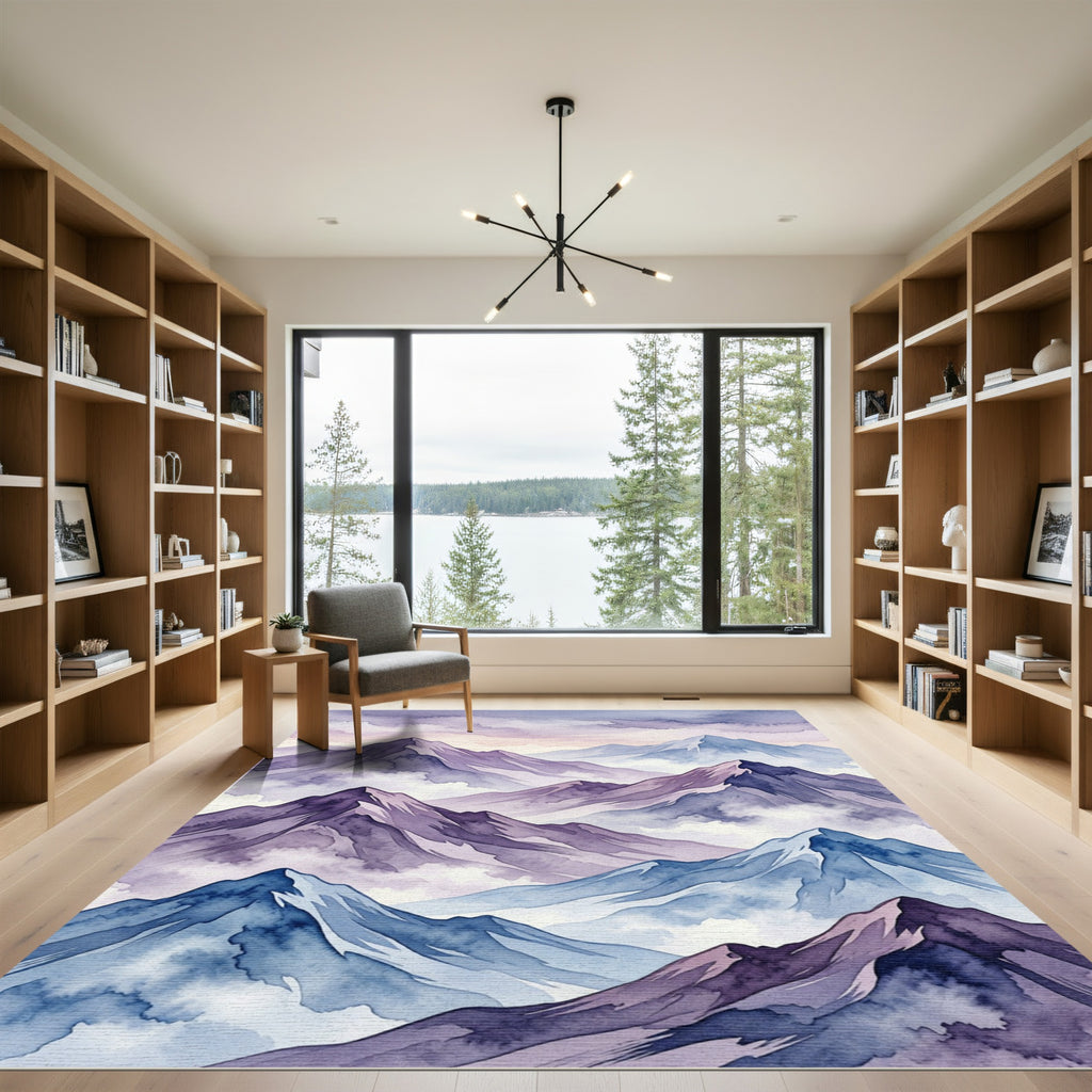 Watercolor Mountain Peaks in Lilac and Blue Rug