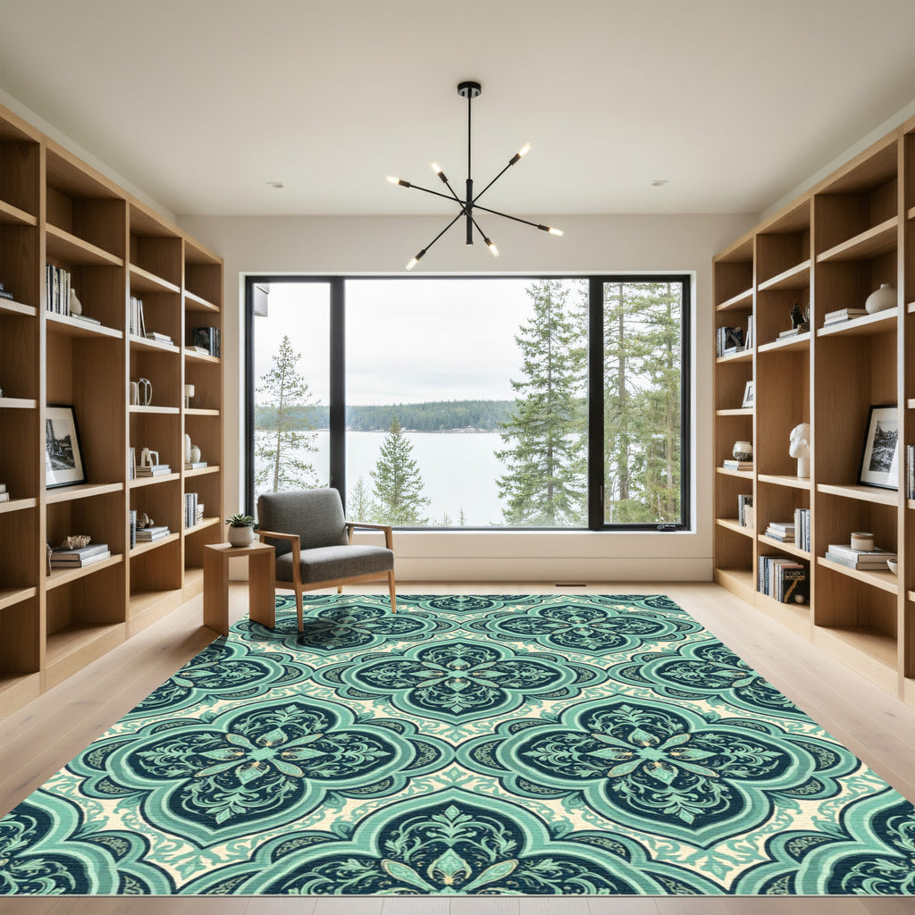 Ornate Teal Damask Lattice Rug