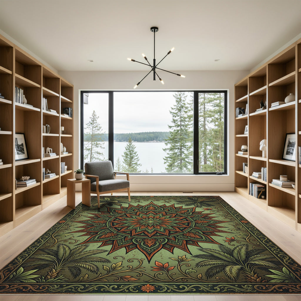 Ornate Sage Olive Tropical Medallion Rug