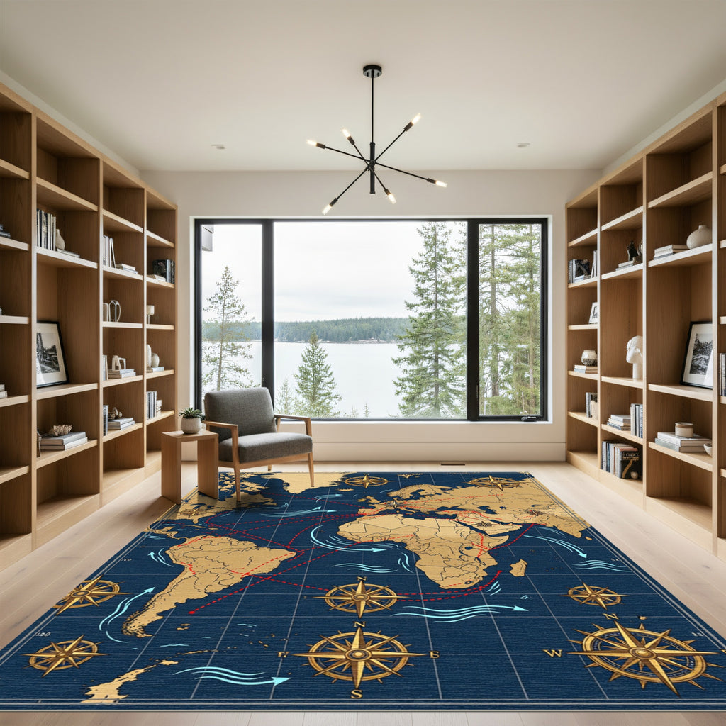 Antique Maritime World Map Navigation Chart Rug