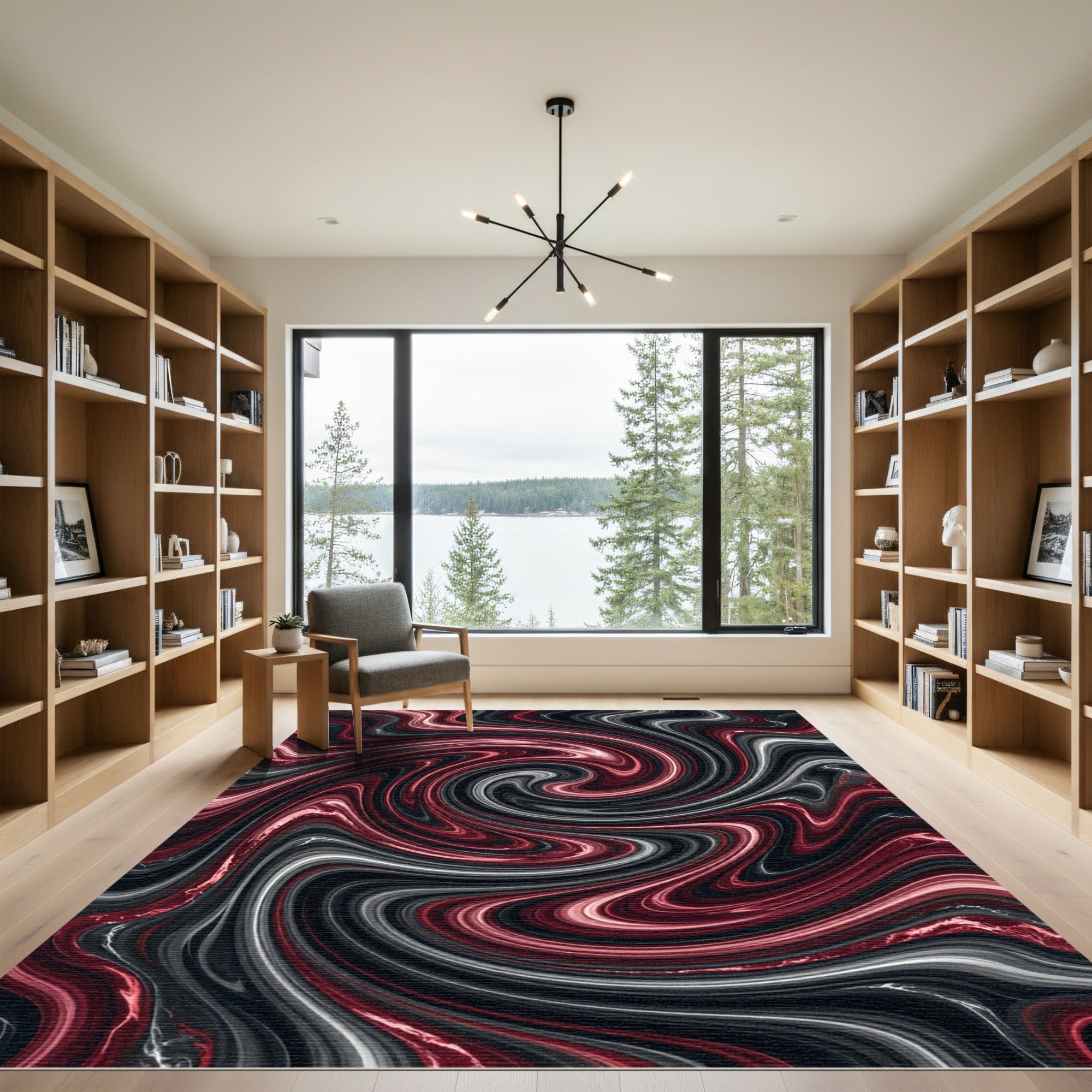Crimson Black Swirl Marble Rug