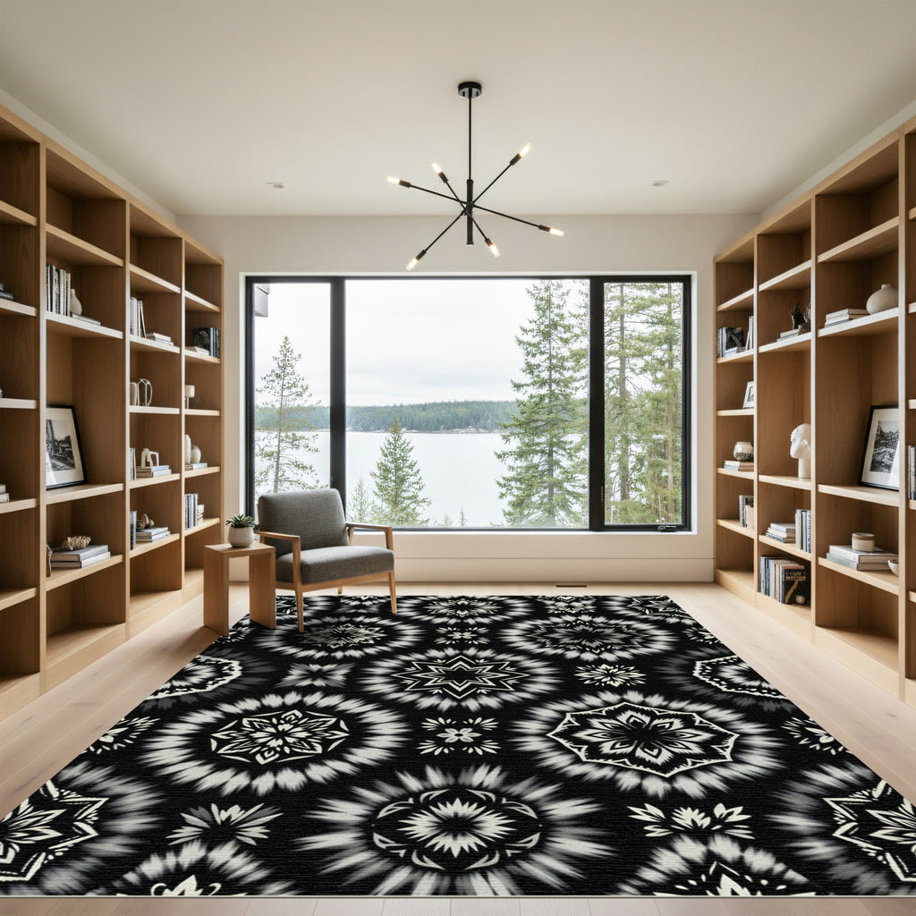 Black White Radial Floral Medallion Rug