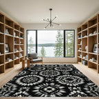 Black White Radial Floral Medallion Rug