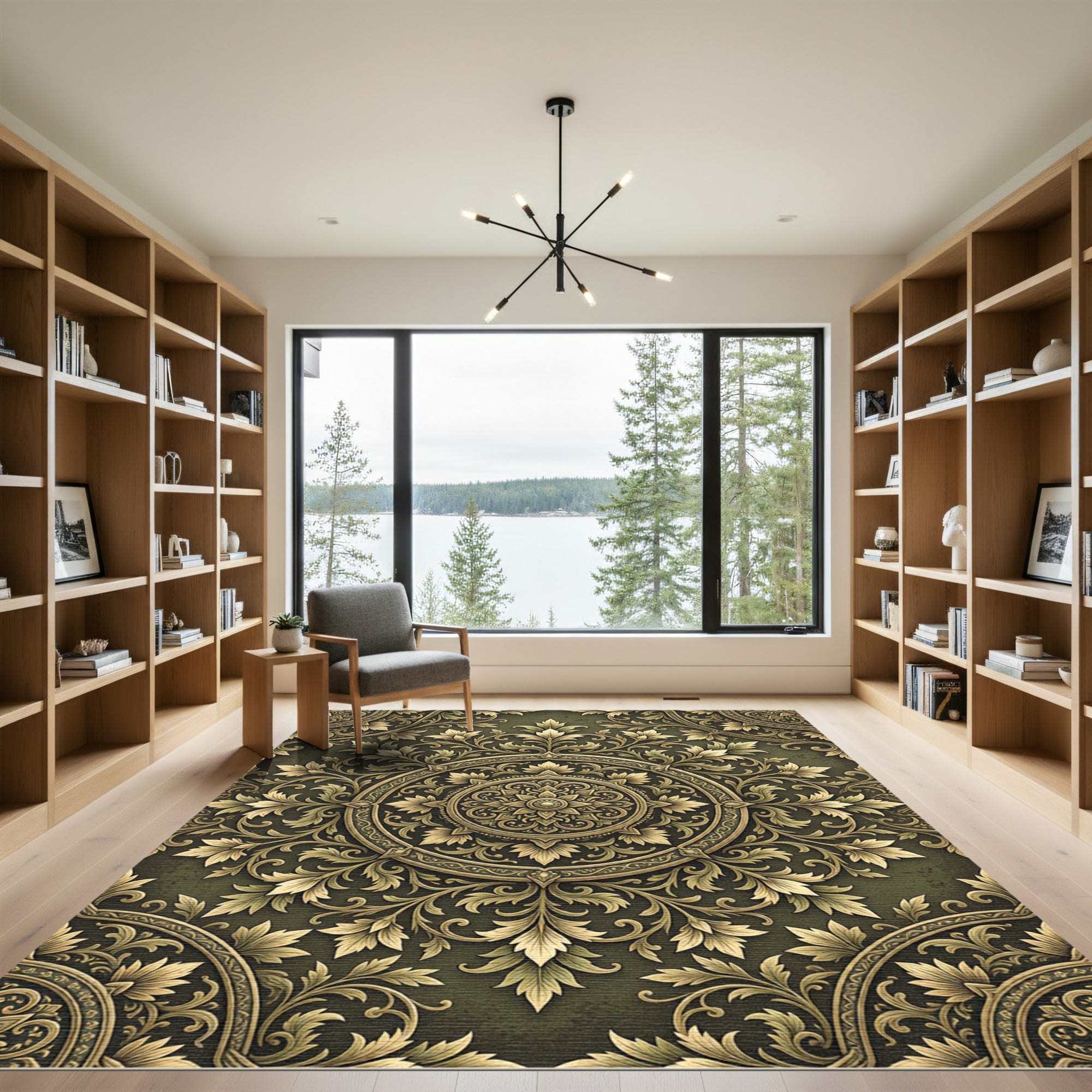Elegant Golden Foliage Scroll Medallion Rug