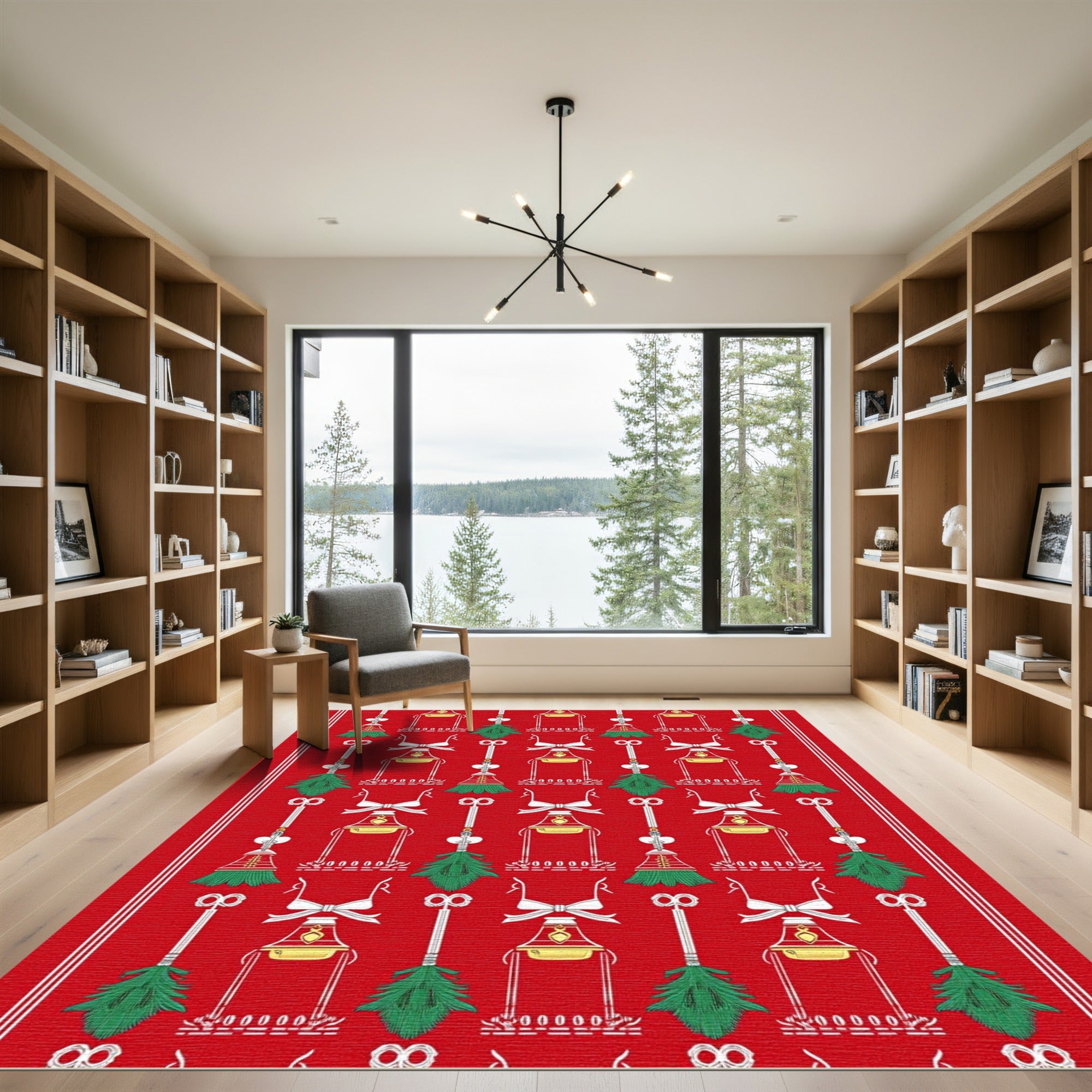 Crimson Green Tassel Bell Collage Rug