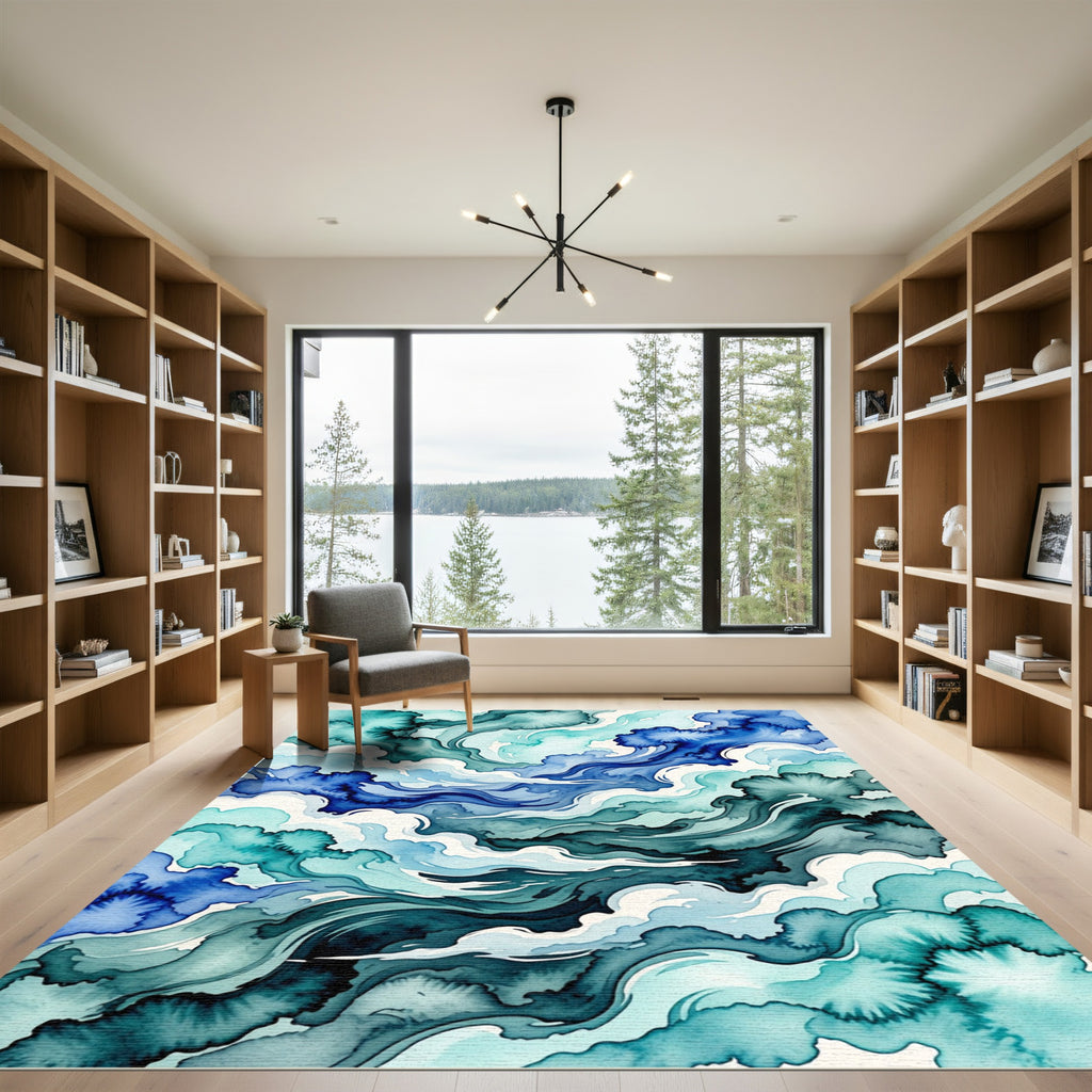 Abstract Blue Ocean Wave Swirl Rug