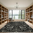 Ornate Silver Black Floral Scroll Rug