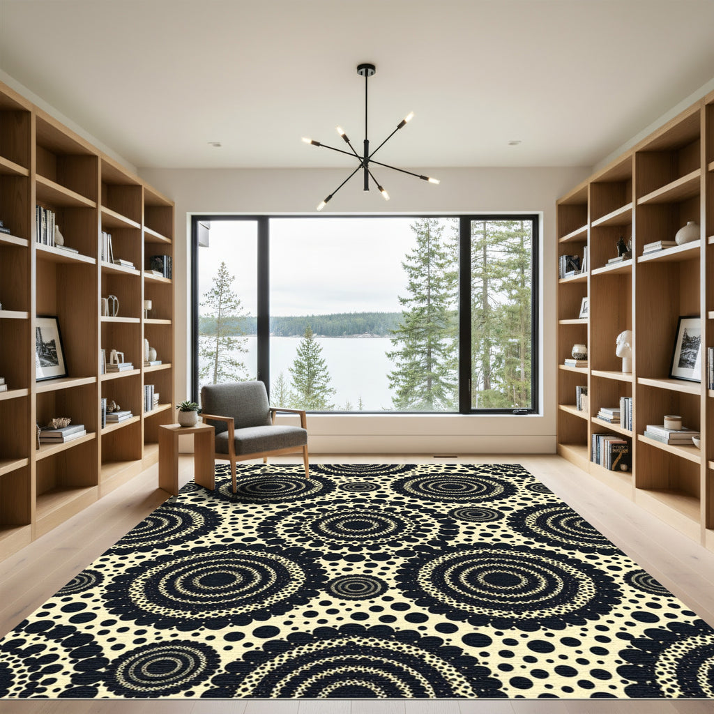 Cream Black Radial Sunburst Rug