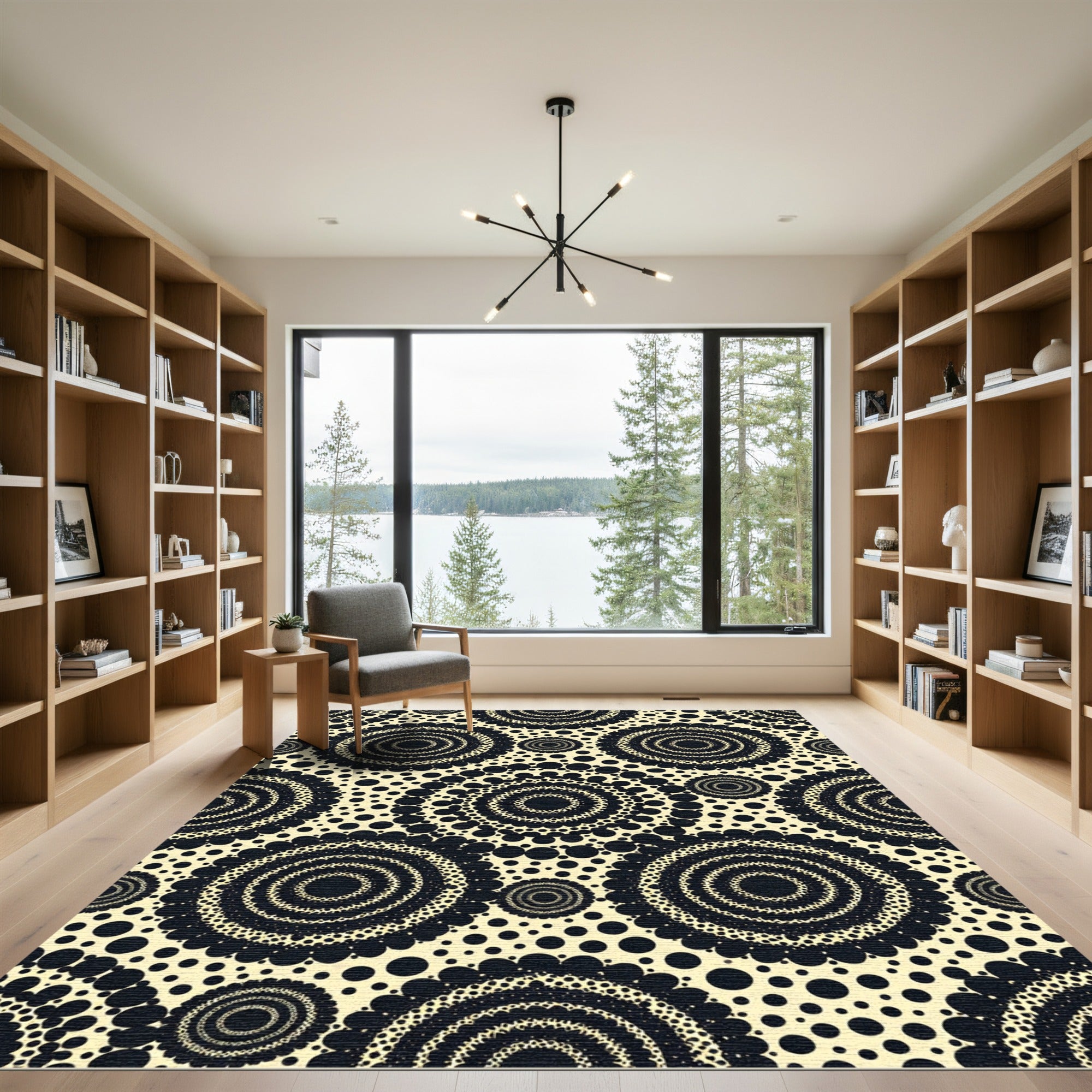 Cream Black Radial Sunburst Rug