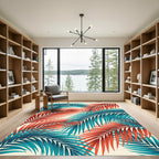 Coral Teal Palm Frond Arrangement Rug