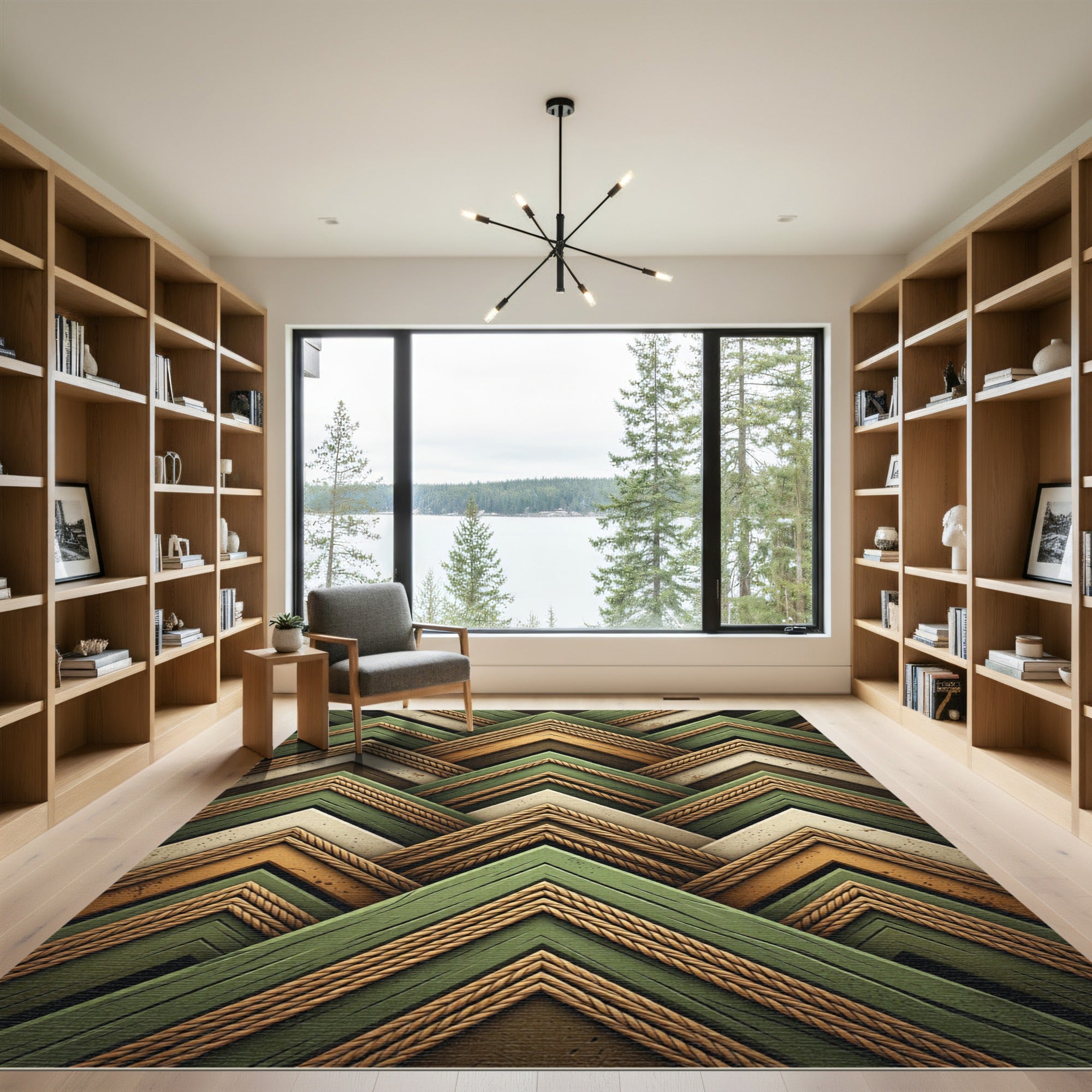 Rustic Green Wood Grain Chevron Rug