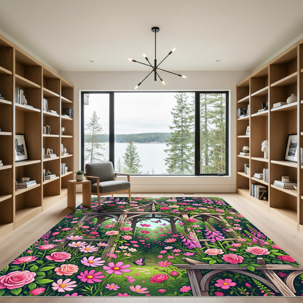 Pink Rose Garden Gazebo Butterfly Scene Rug