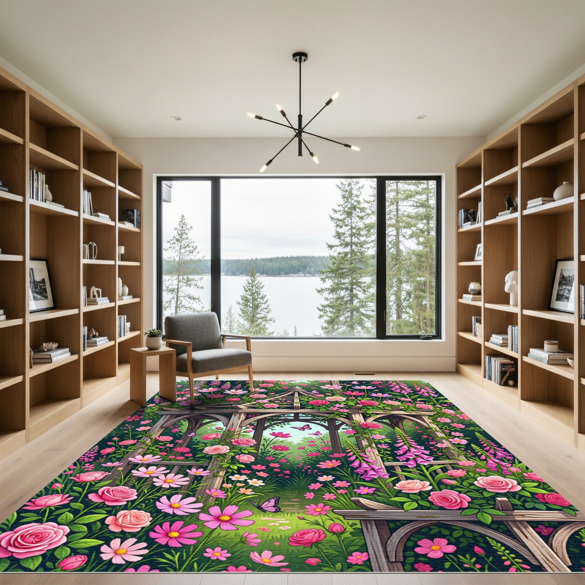 Pink Rose Garden Gazebo Butterfly Scene Rug