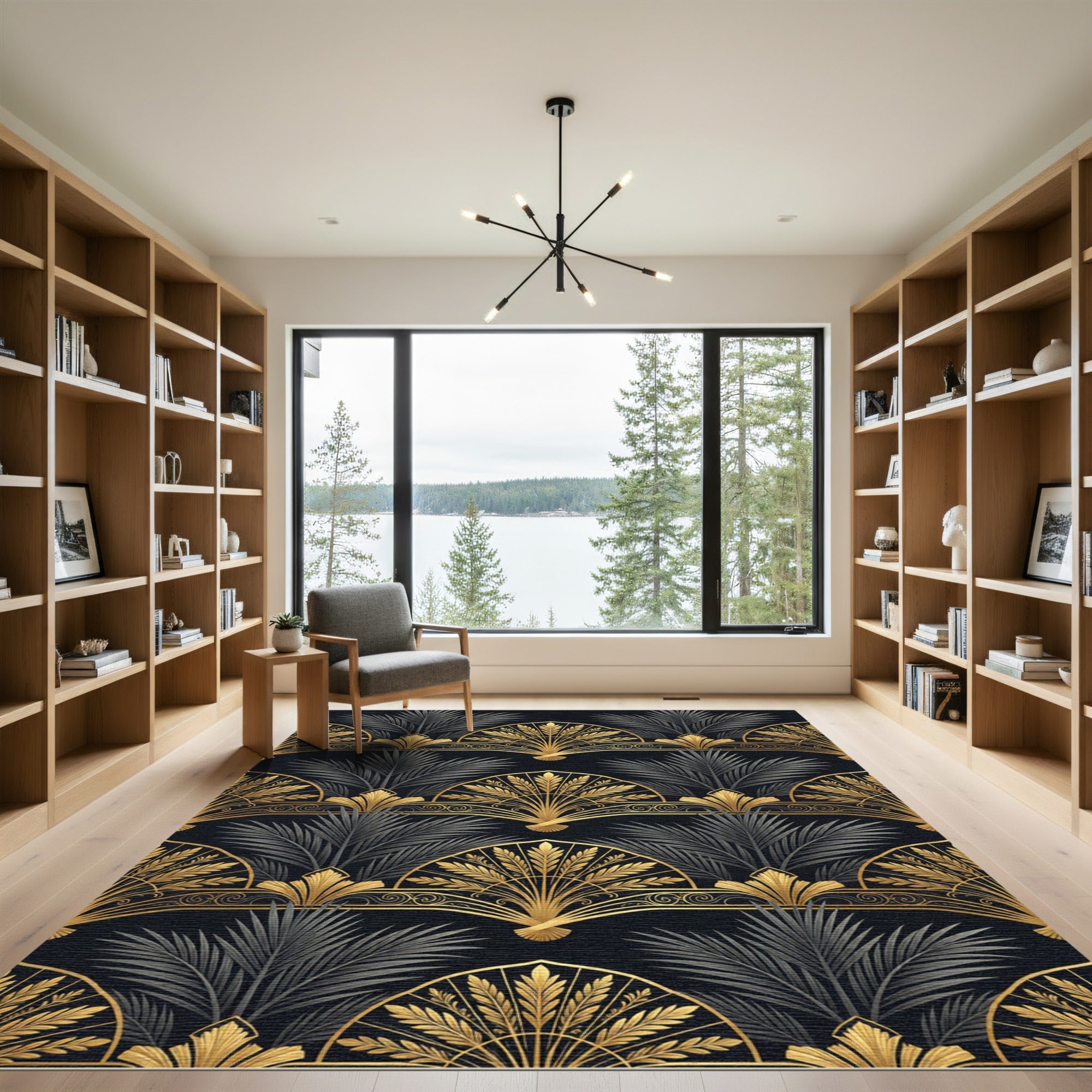 Art Deco Gold Palm Black Wallpaper Rug