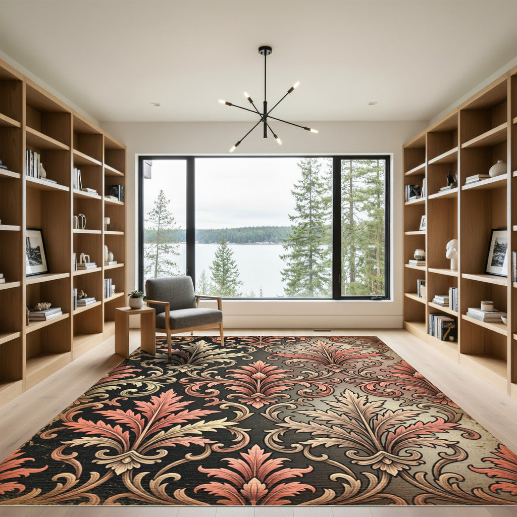 Elegant Pink Acanthus Leaf Damask Rug