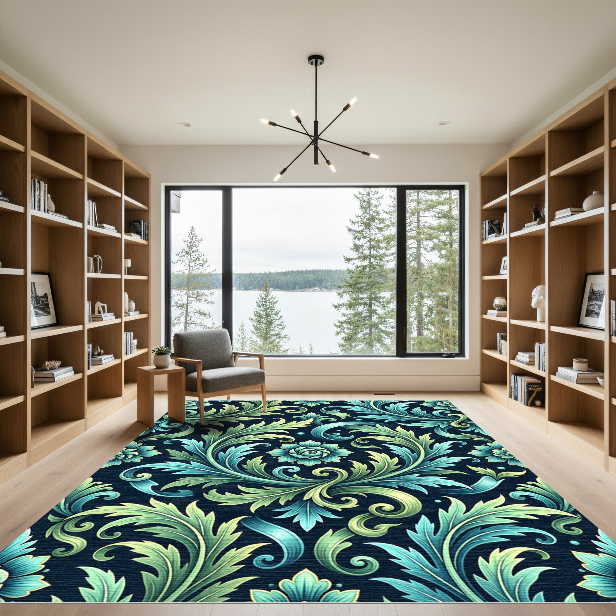 Elegant Teal and Sage Acanthus Scroll Rug