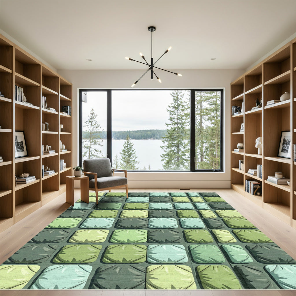 Geometric Sage and Olive Puffy Tile Rug