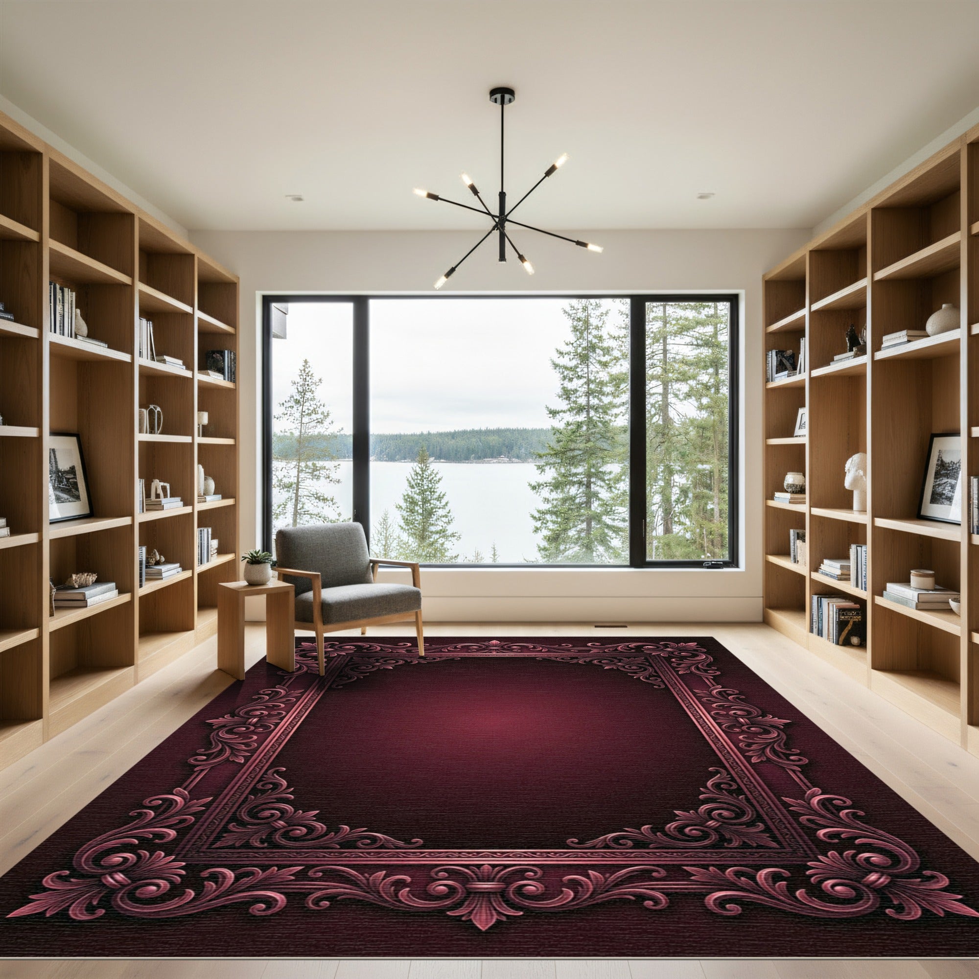 Ornate Crimson Acanthus Scroll Frame Rug