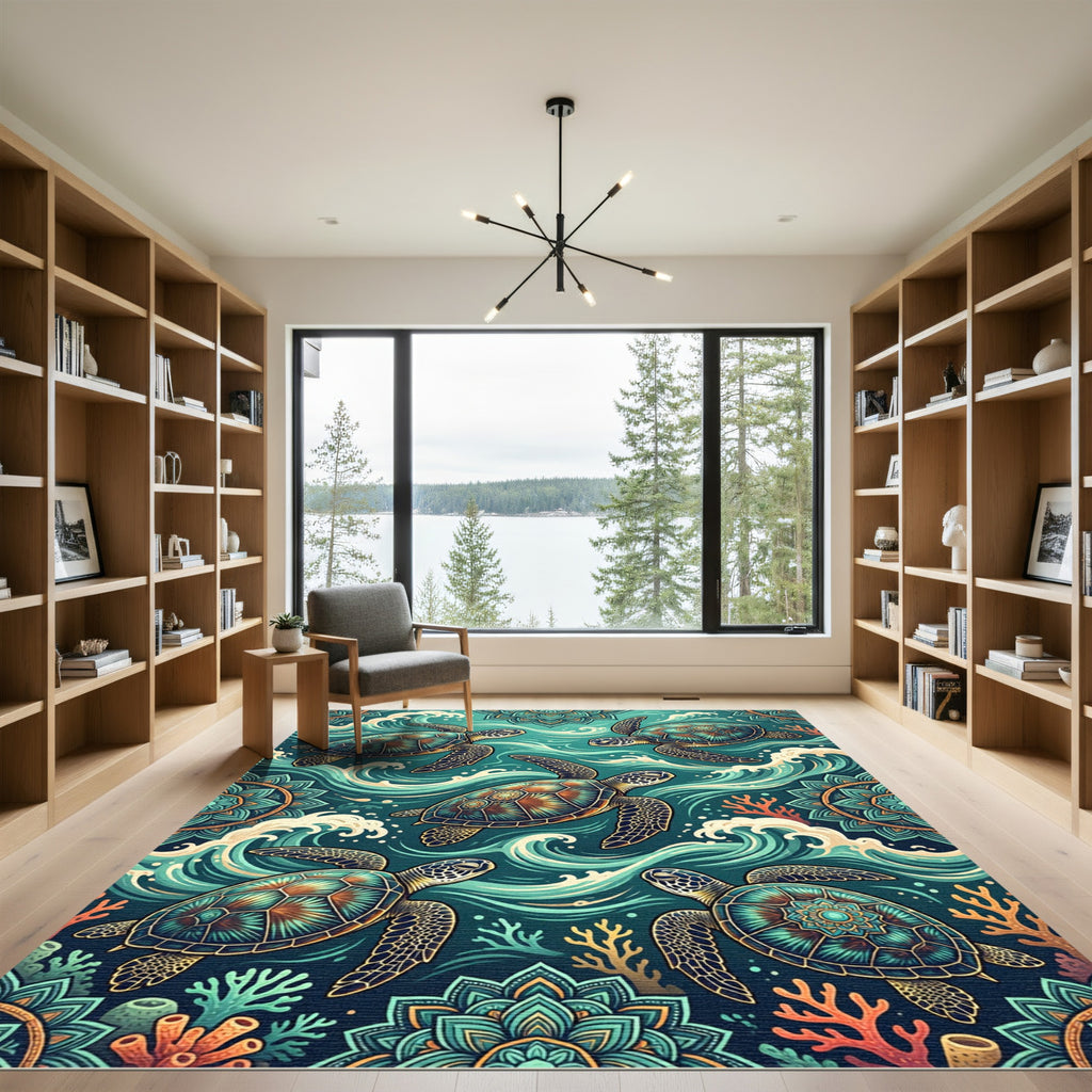 Sea Turtle Teal Coastal Wave Mandala Rug