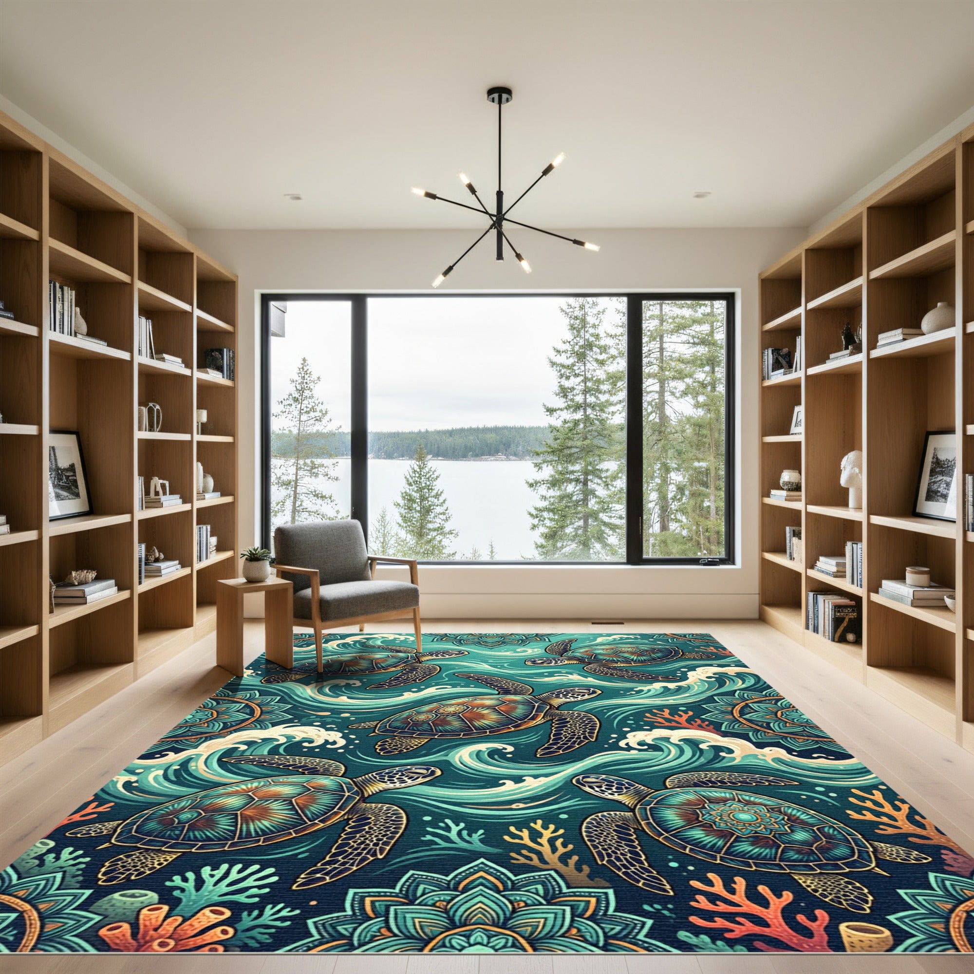 Sea Turtle Teal Coastal Wave Mandala Rug