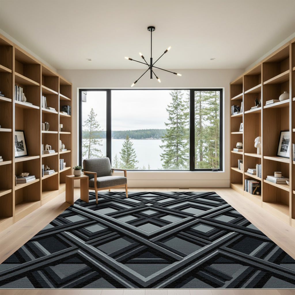 Charcoal Gray Modern Intersecting Geometric Rug