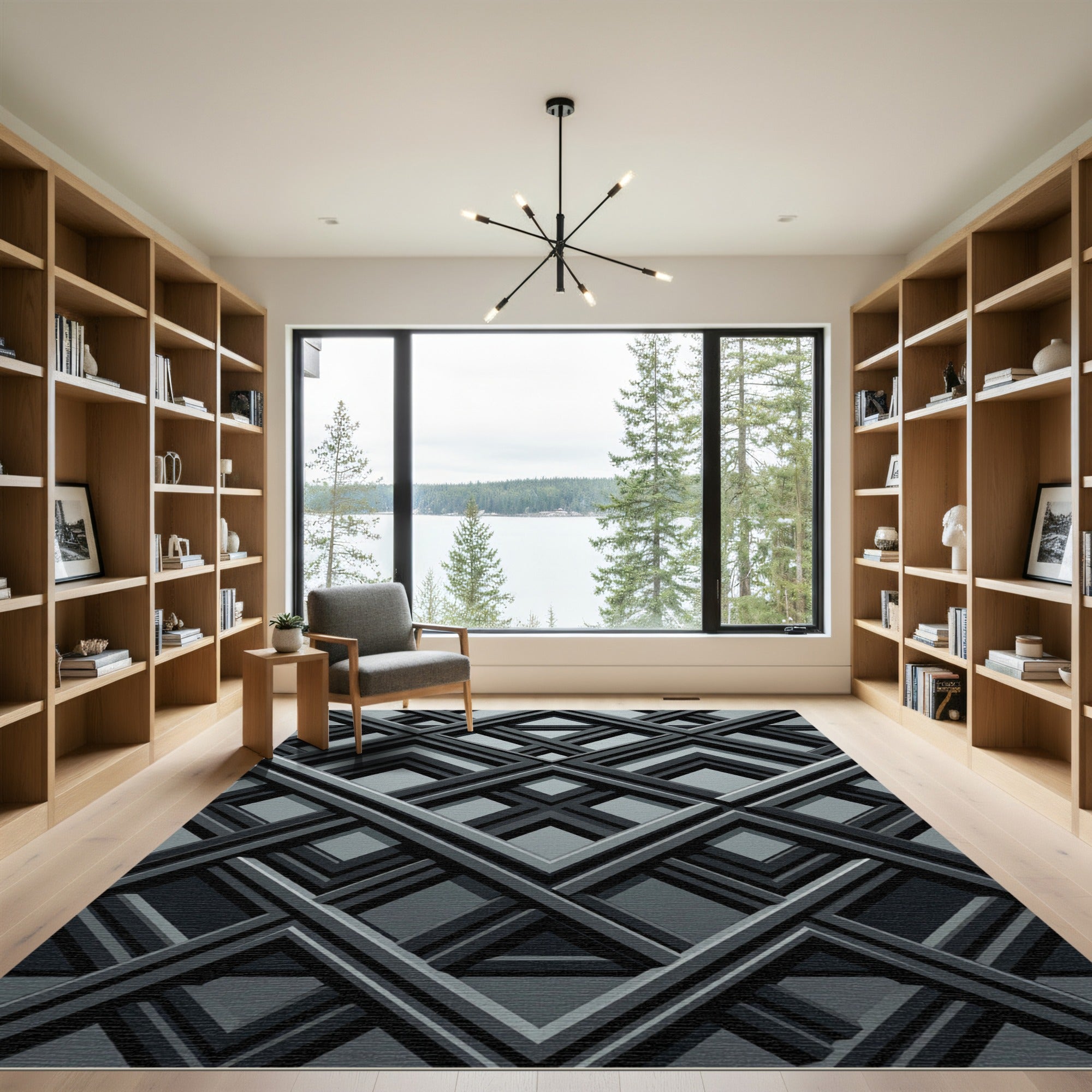 Charcoal Gray Modern Intersecting Geometric Rug