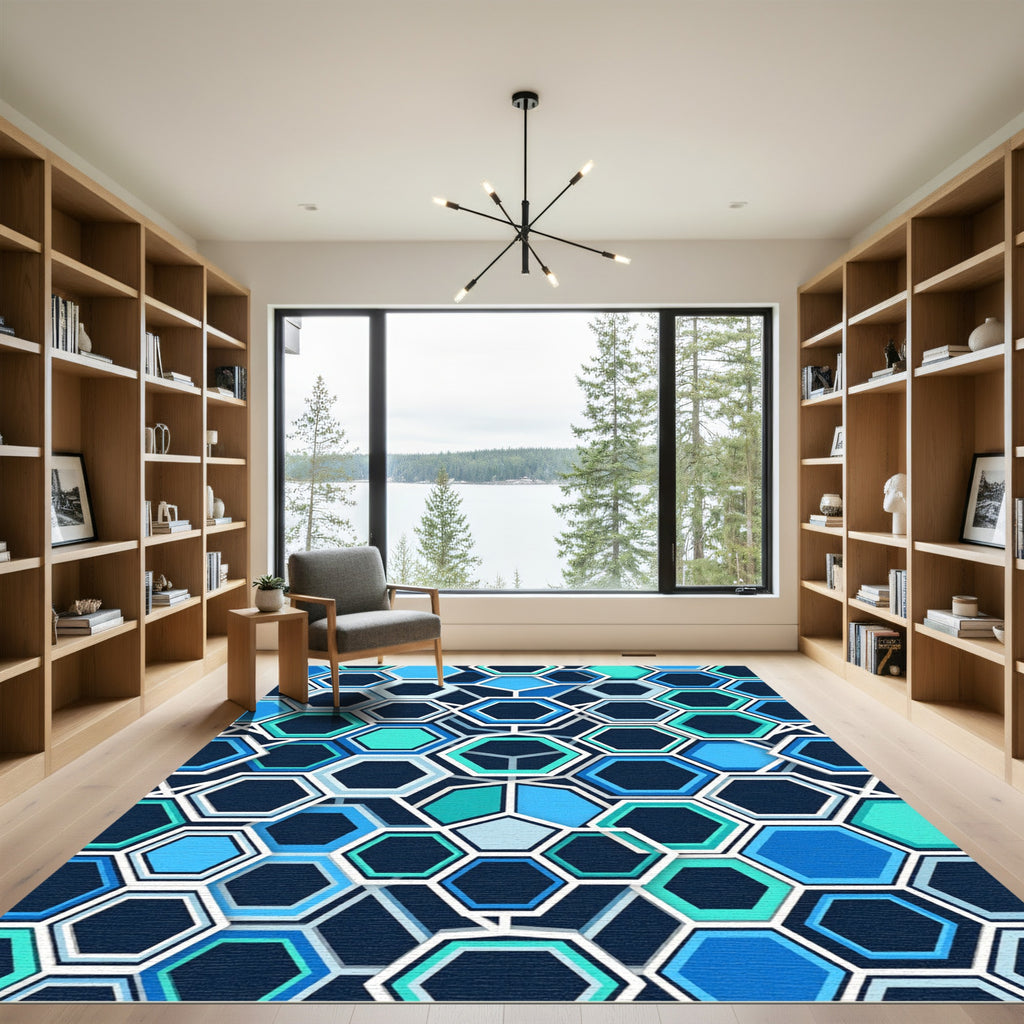 Modern Blue Gradient Geometric Hexagon Rug