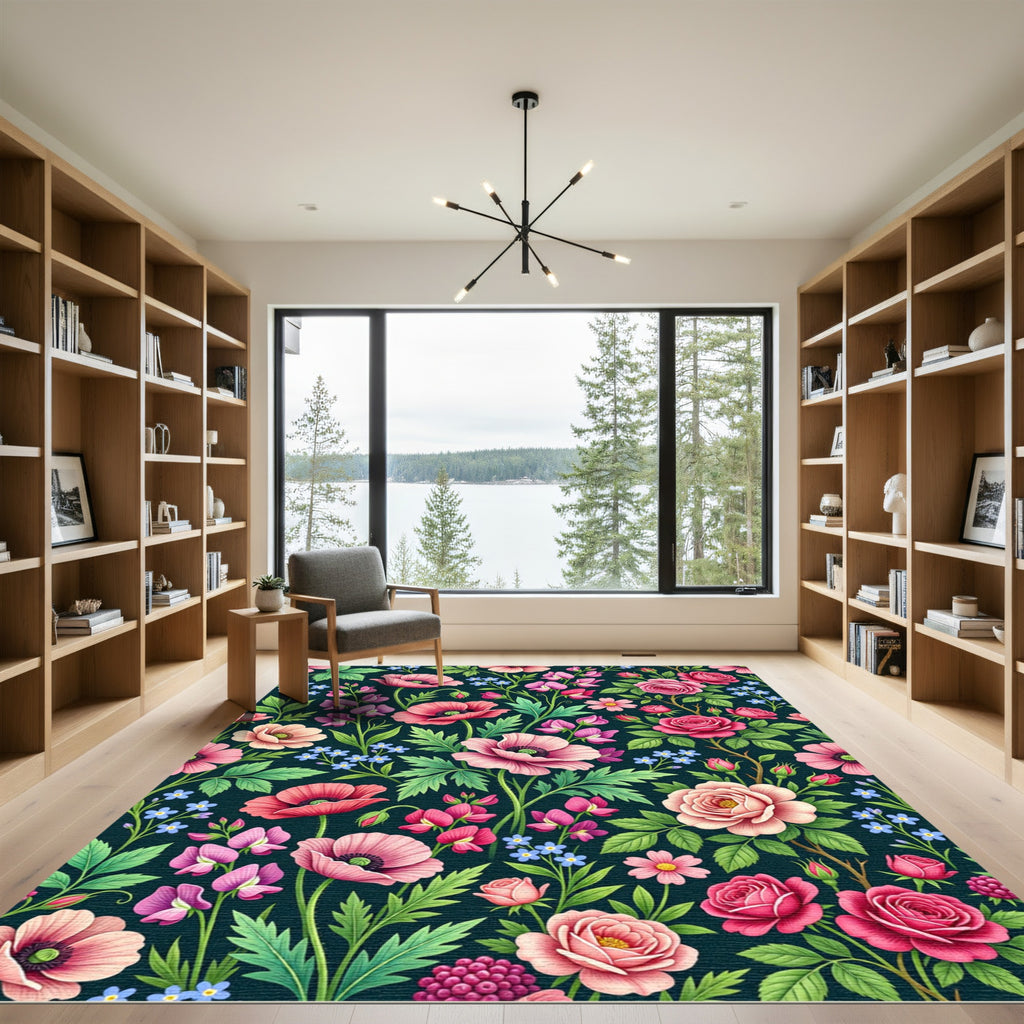 Vibrant Rose Poppy Sweet Pea Floral Rug