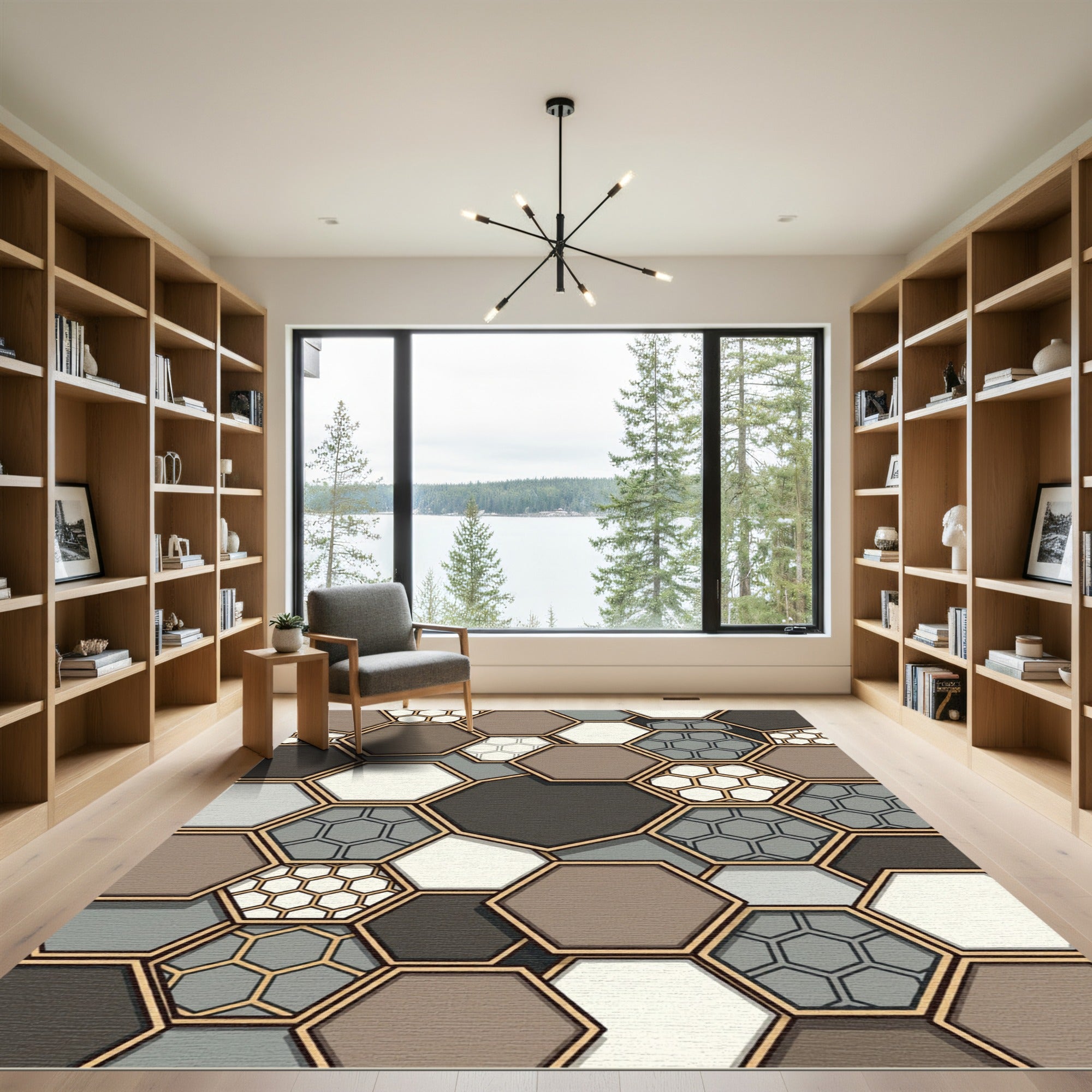 Modern Neutral Geometric Hexagon Mosaic Rug