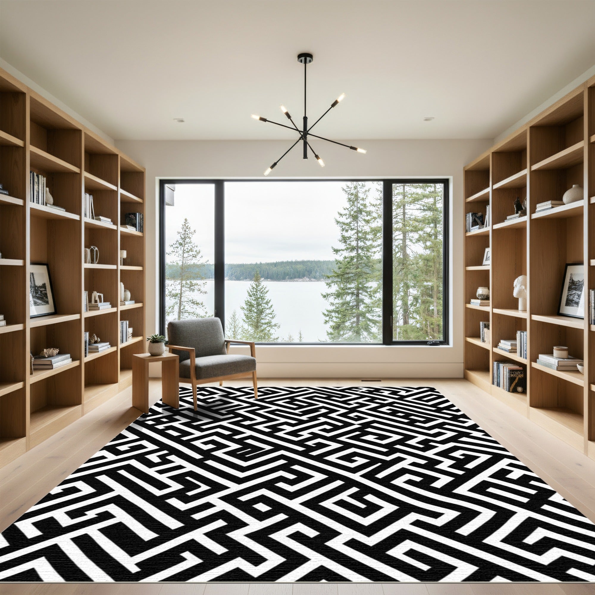 Geometric Black White Maze Pattern Rug