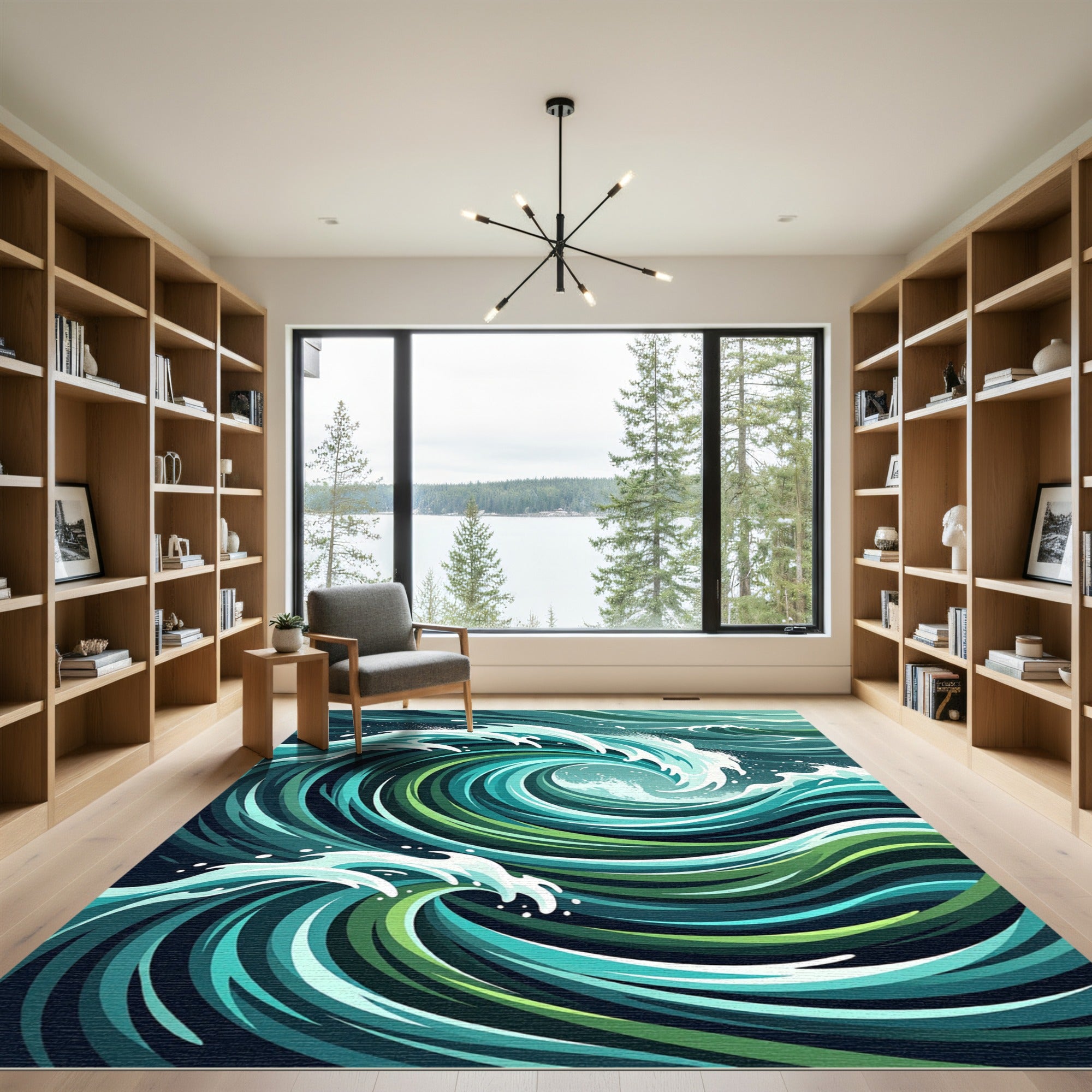 Abstract Deep Teal Swirling Ocean Wave Rug