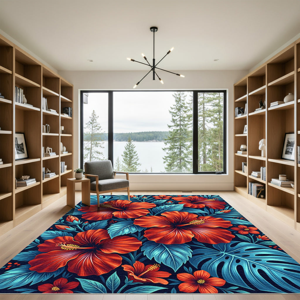 Tropical Orange Hibiscus Blue Foliage Rug