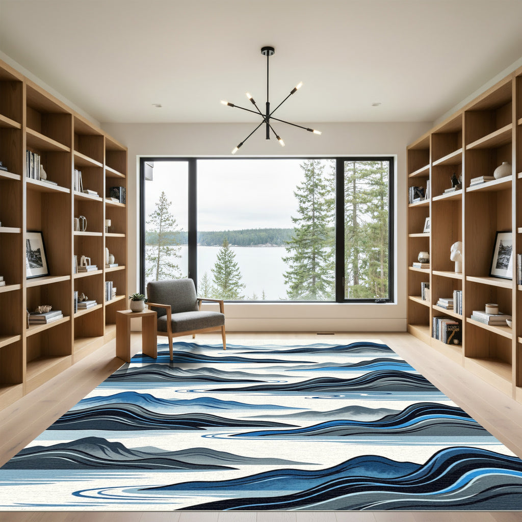Blue Misty Mountain River Abstract Rug