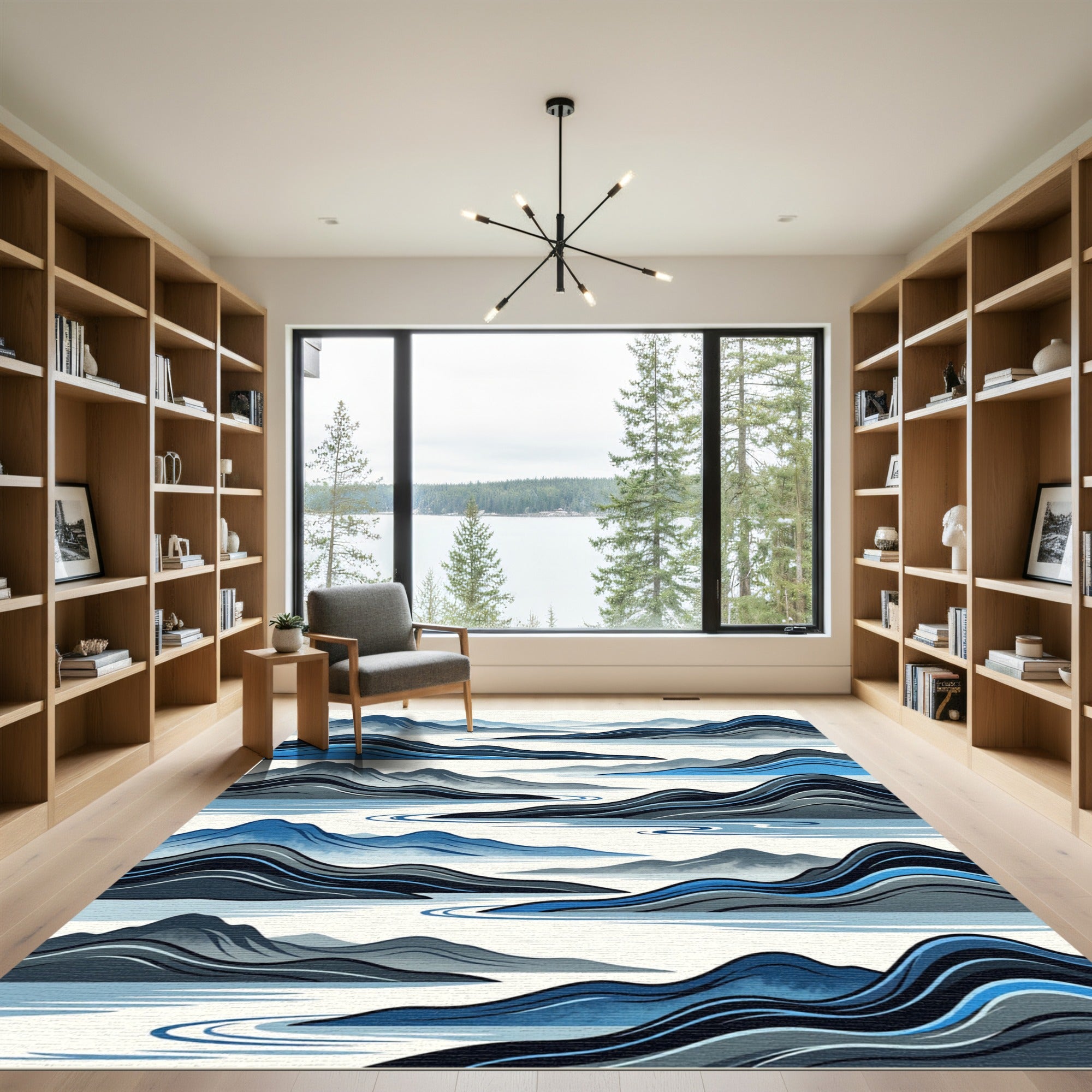 Blue Misty Mountain River Abstract Rug