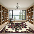 Deep Red Heart Floral Bouquet Scrollwork Rug