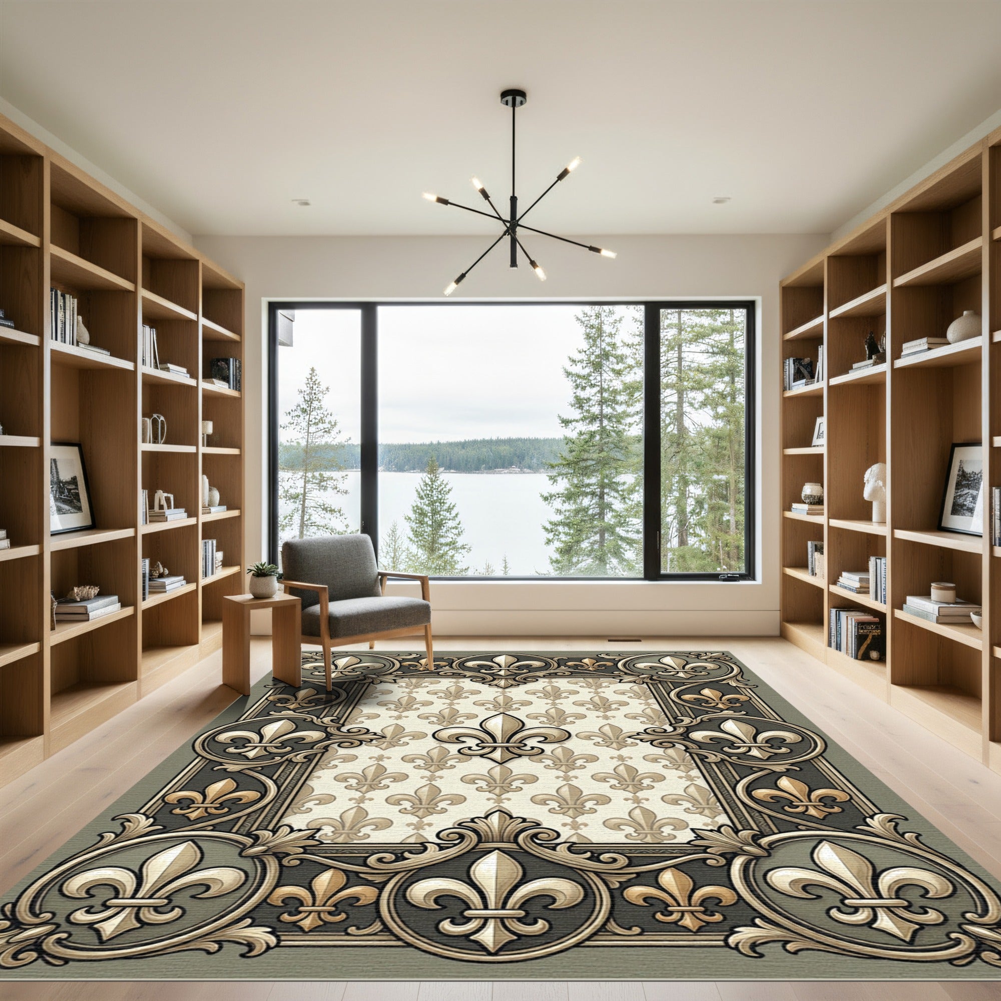 Ornate Golden Fleur-de-lis Frame Rug