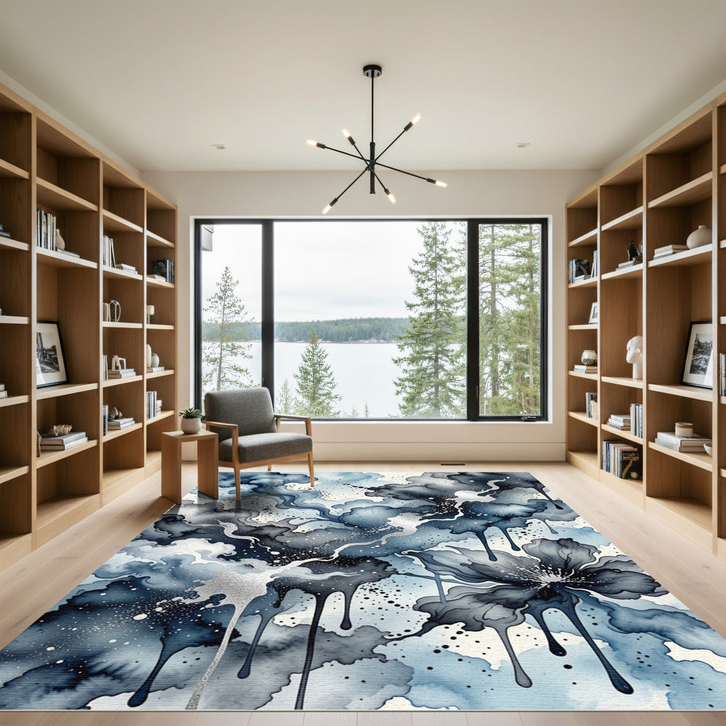 Indigo Gray Floral Ink Drip Rug
