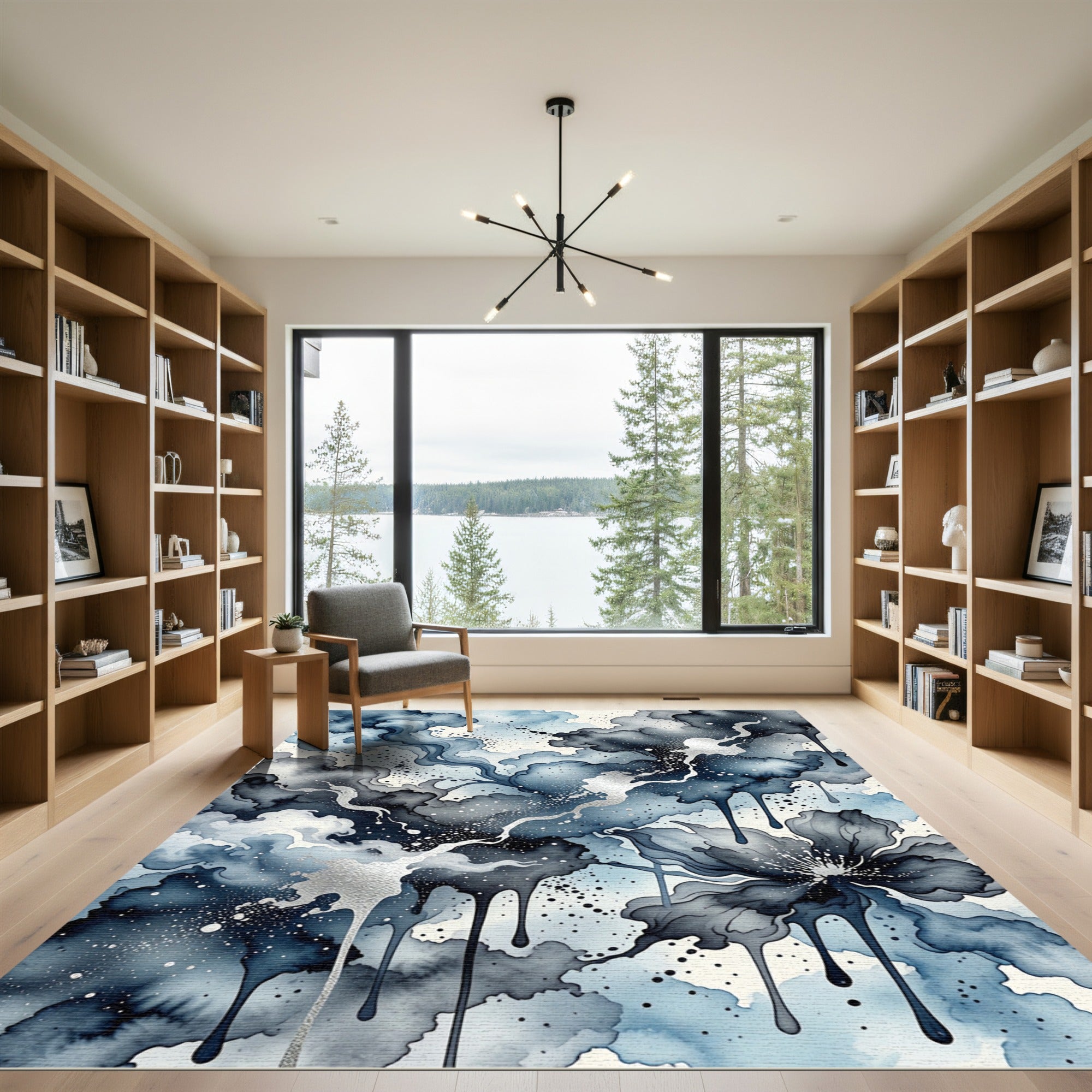 Indigo Gray Floral Ink Drip Rug