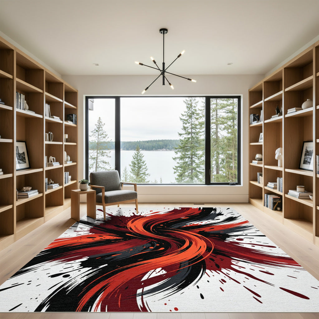 Dynamic Red and Black Abstract Swirl Rug