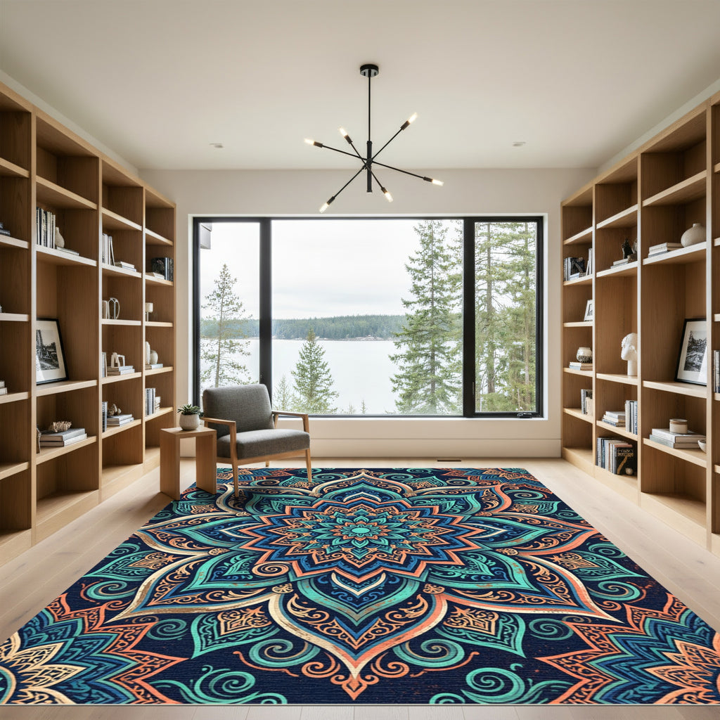 Teal and Orange Floral Mandala Rug