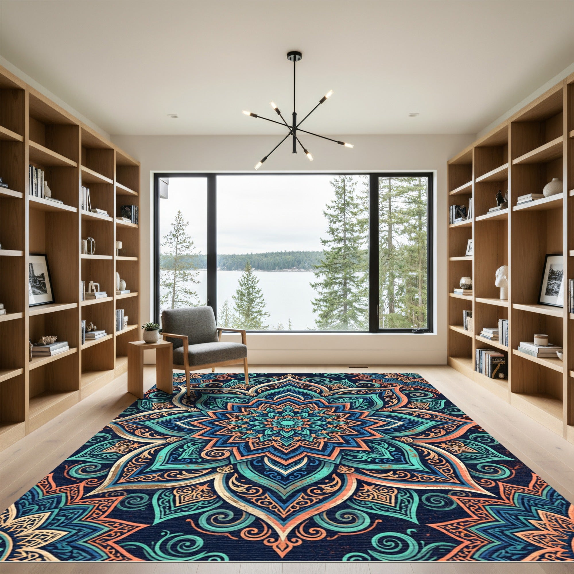 Teal and Orange Floral Mandala Rug