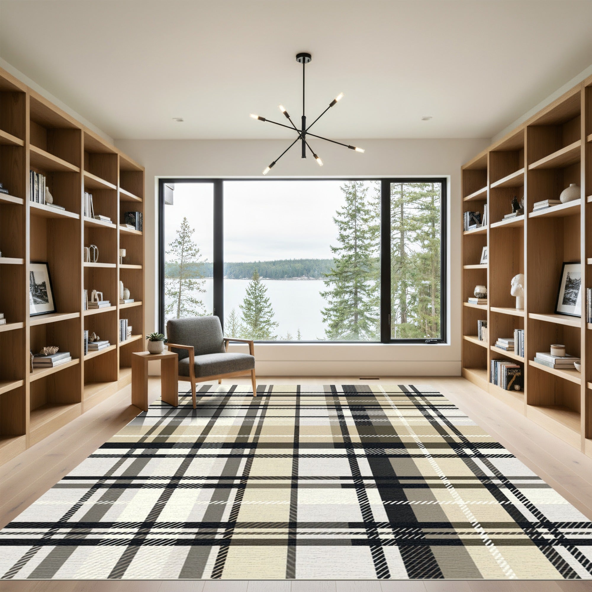 Modern Neutral Beige Plaid Grid Rug