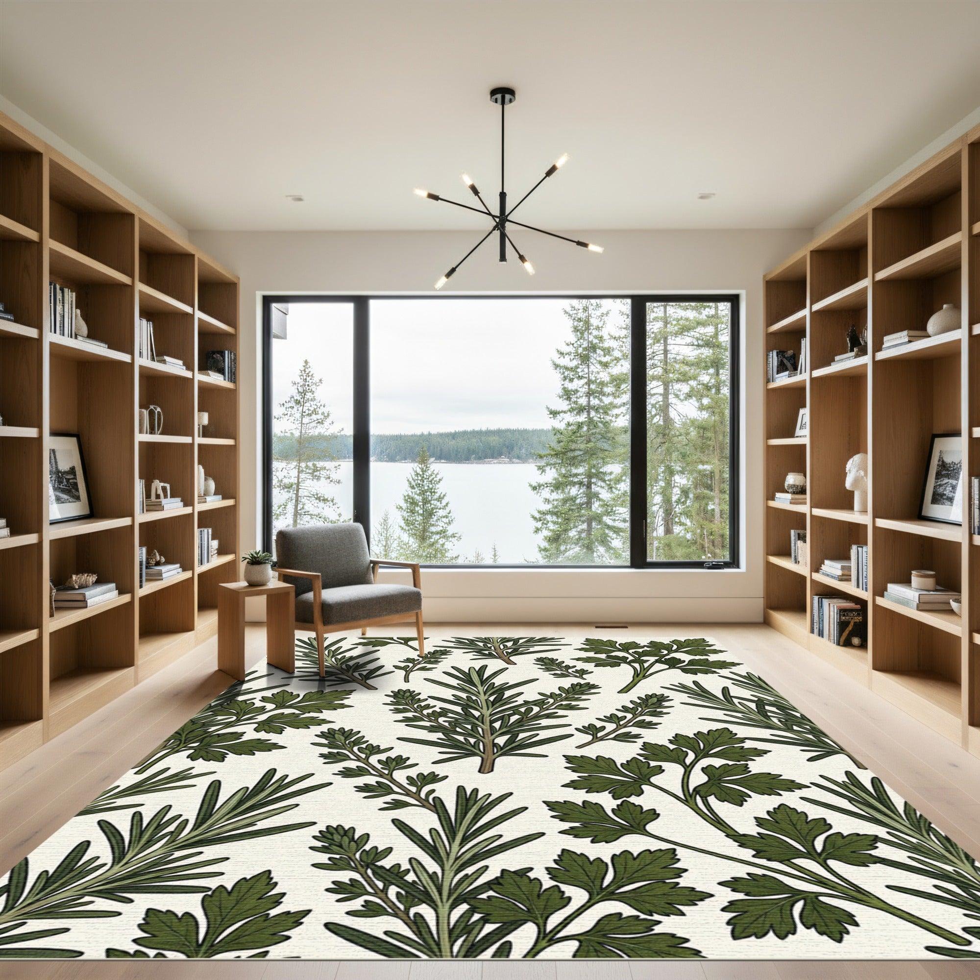 Dark Green Herb Sprig Cream Collage Rug